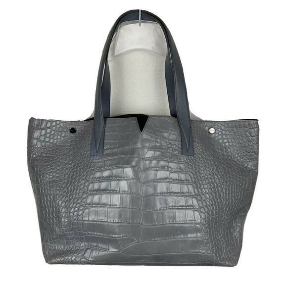 Vince Signature V Croc Embossed Leather Tote Gray - Picture 1 of 12
